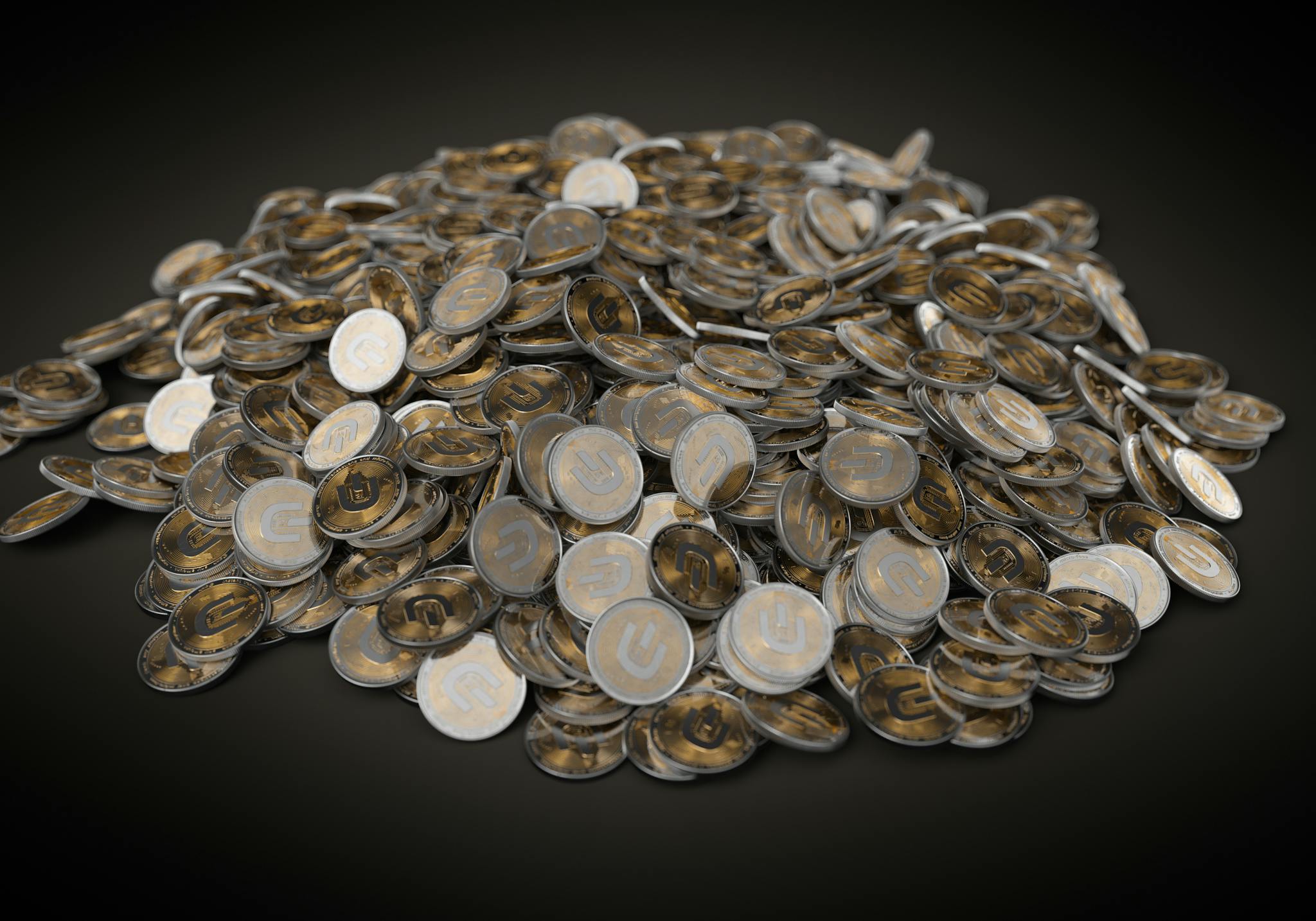 A collection of silver and gold cryptocurrency coins stacked on a dark background, symbolizing digital wealth.